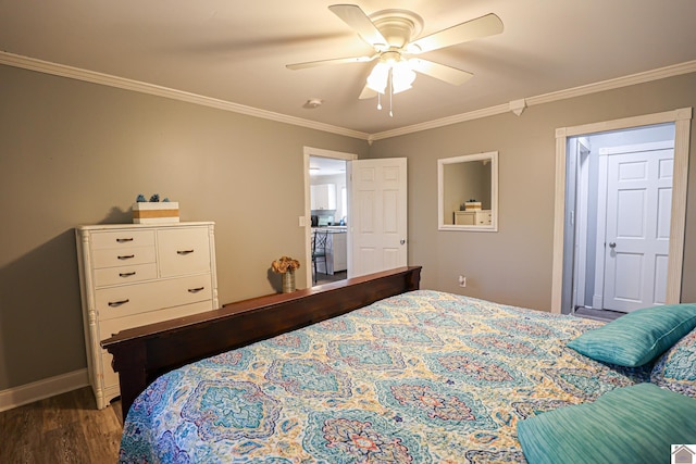 bedroom featuring dark hardwood / wood-style flooring, ceiling fan, and ornamental molding