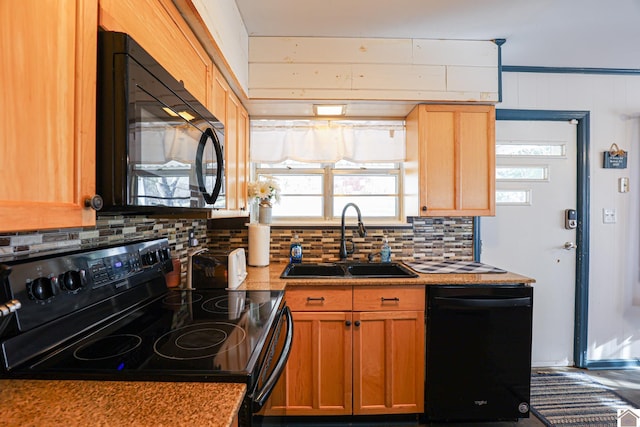 kitchen with black appliances, decorative backsplash, and sink