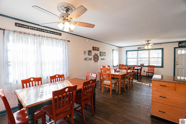 dining room with dark hardwood / wood-style floors and ceiling fan