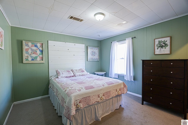 bedroom featuring carpet flooring and ornamental molding