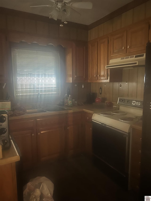 kitchen with electric range and ceiling fan