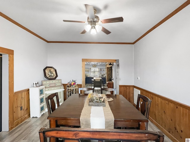 dining area with crown molding, wooden walls, ceiling fan, and light hardwood / wood-style floors