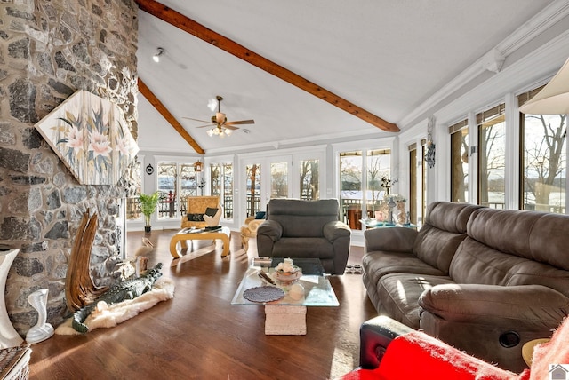 living room featuring ornamental molding, ceiling fan, beam ceiling, hardwood / wood-style flooring, and high vaulted ceiling