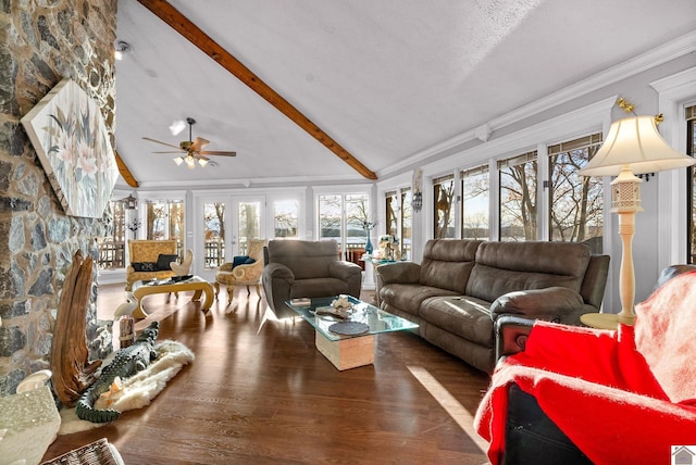 living room with beam ceiling, dark hardwood / wood-style flooring, high vaulted ceiling, and ceiling fan