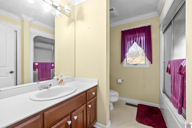 full bathroom featuring combined bath / shower with glass door, vanity, toilet, and ornamental molding