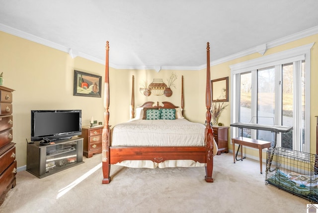 carpeted bedroom featuring ornamental molding