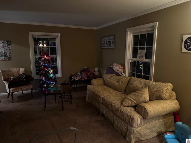 carpeted living room featuring ornamental molding