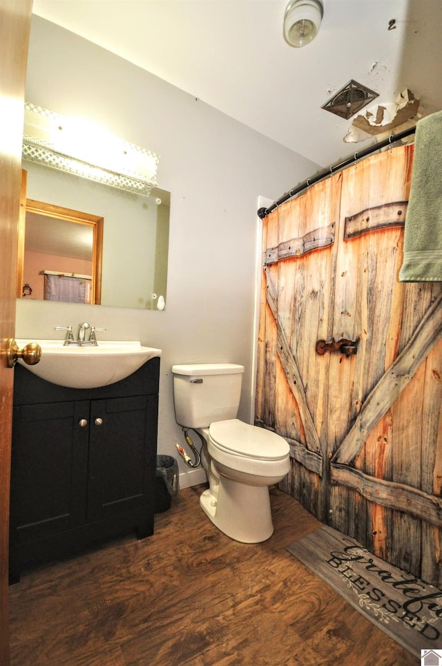 bathroom with vanity, wood-type flooring, and toilet