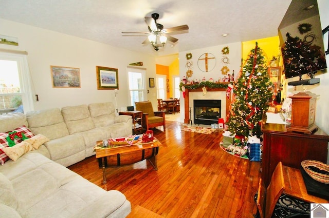 living room featuring ceiling fan and hardwood / wood-style floors