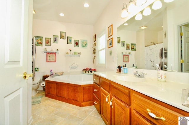 full bathroom with tile patterned flooring, vanity, toilet, and independent shower and bath