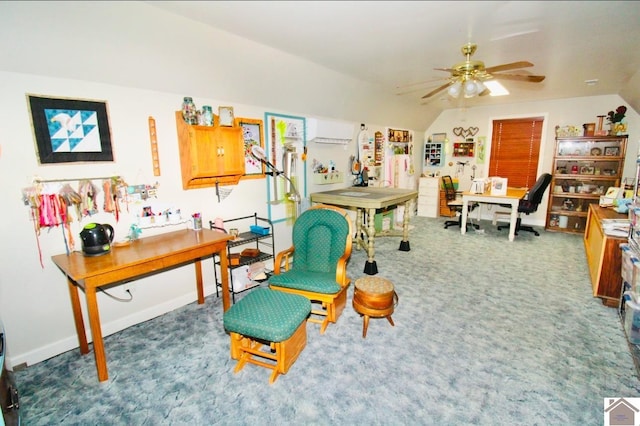 sitting room with a wall unit AC, ceiling fan, vaulted ceiling, and dark colored carpet