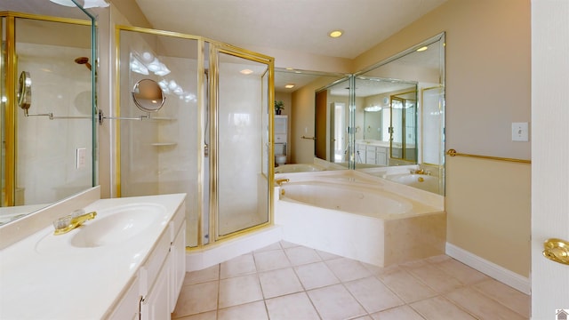 bathroom with tile patterned floors, plus walk in shower, and vanity