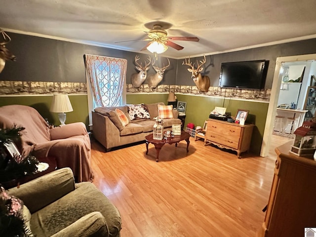 living room with hardwood / wood-style floors, ceiling fan, and ornamental molding