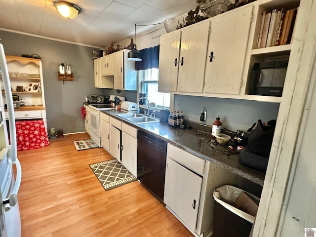 kitchen featuring white cabinets, white appliances, and sink