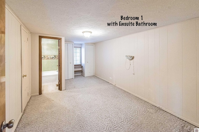 interior space featuring light carpet, a textured ceiling, and wood walls