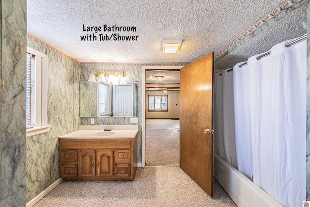 bathroom with vanity and shower / tub combo with curtain