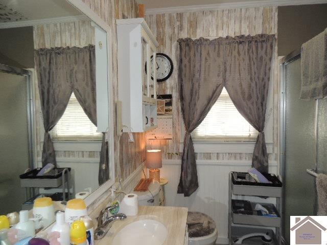 bathroom featuring walk in shower, a wealth of natural light, and sink