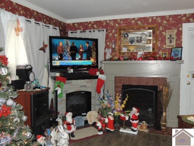 living room featuring crown molding, hardwood / wood-style floors, and a brick fireplace