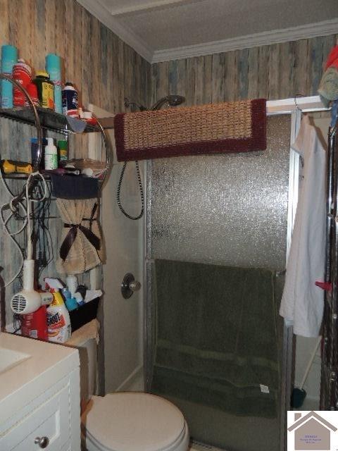 bathroom with vanity, toilet, walk in shower, and wooden walls