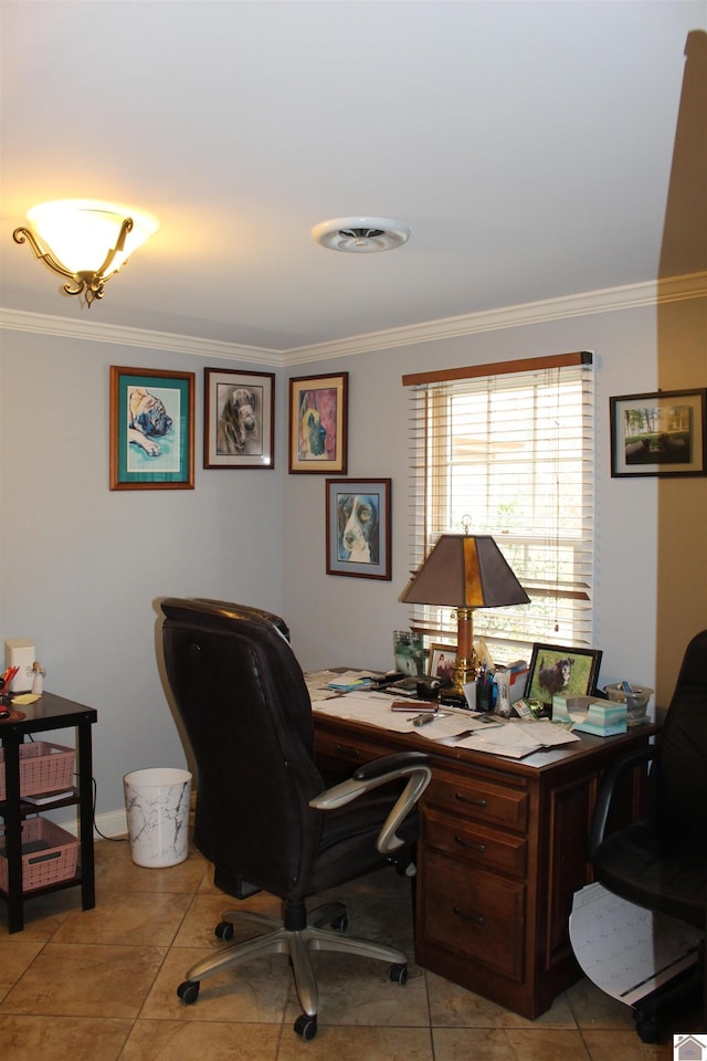 tiled office space with crown molding