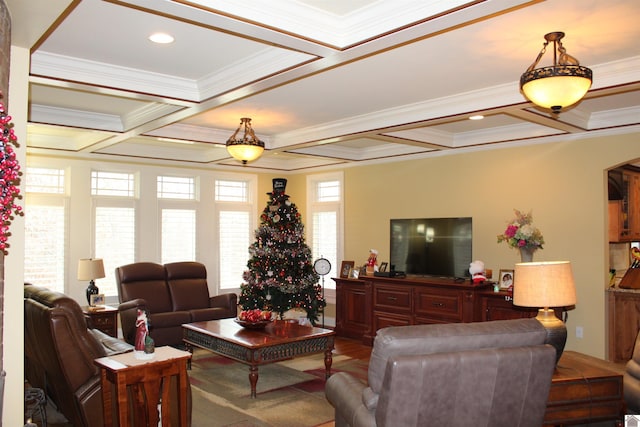 living room with hardwood / wood-style floors, ornamental molding, and coffered ceiling