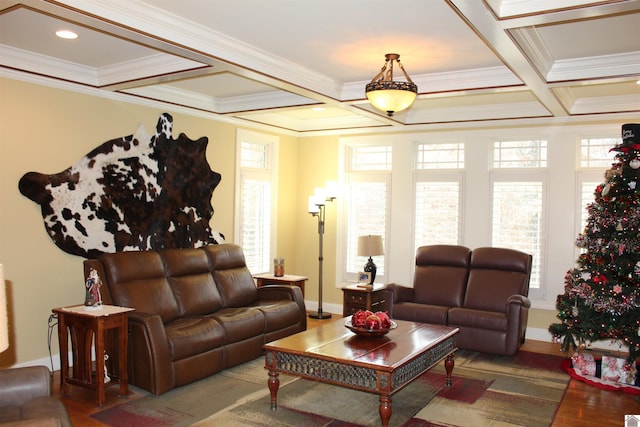 living room with hardwood / wood-style floors, crown molding, beamed ceiling, and coffered ceiling