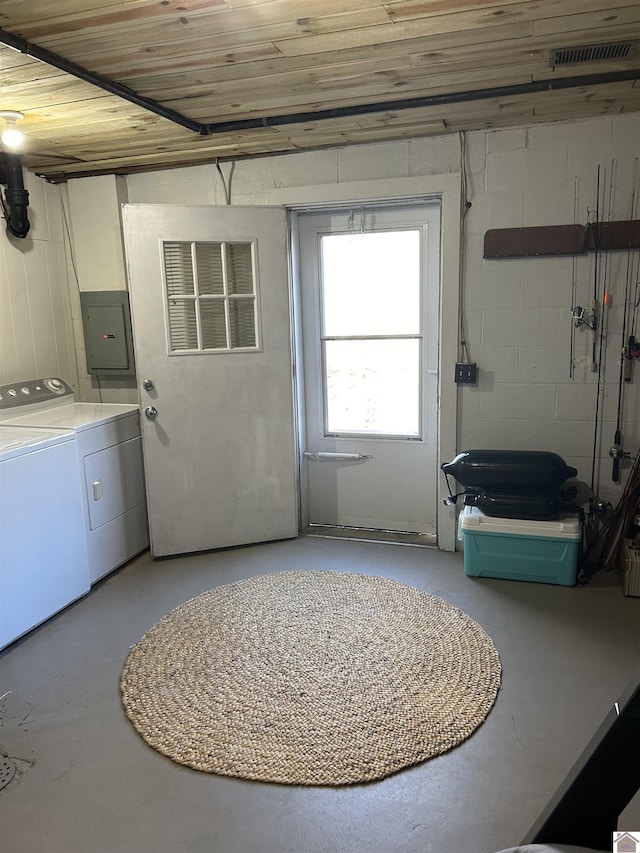 laundry area with washing machine and dryer, wood ceiling, and electric panel