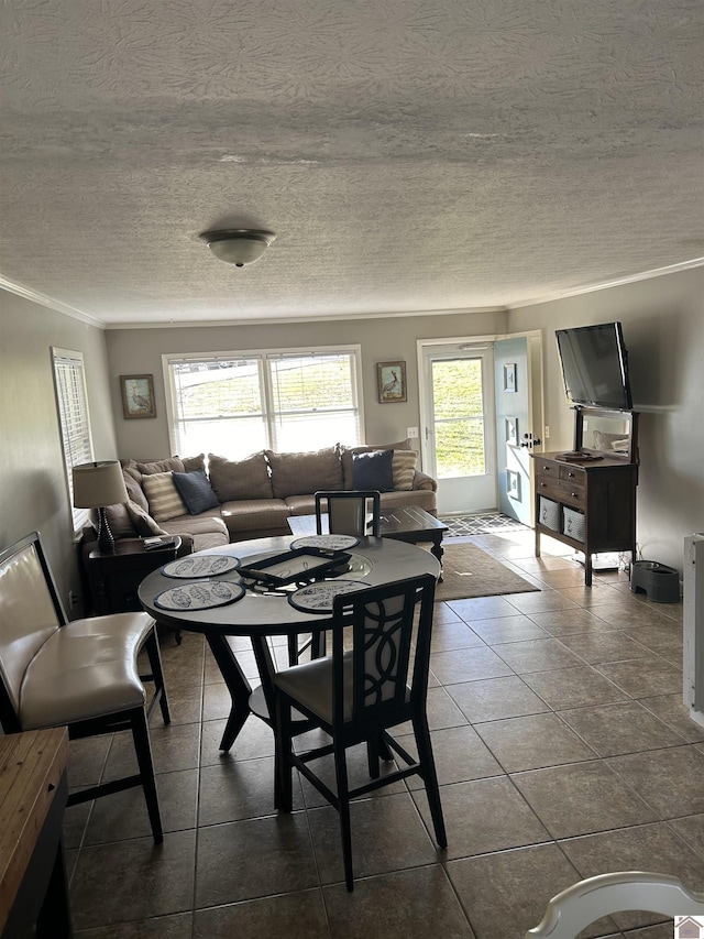 tiled dining space with crown molding