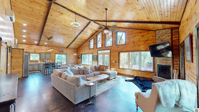 living room featuring beam ceiling, high vaulted ceiling, wooden ceiling, and wood walls