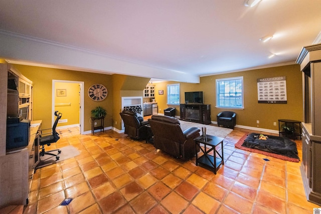 tiled living room with ornamental molding and a fireplace