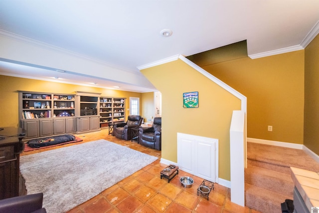 tiled living room with ornamental molding