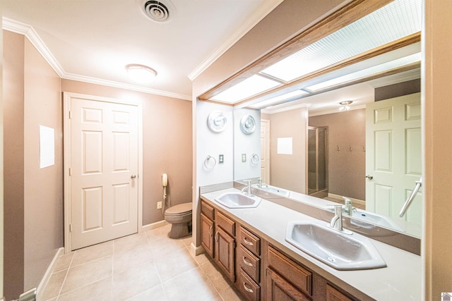 bathroom featuring ornamental molding, vanity, a shower with door, tile patterned flooring, and toilet