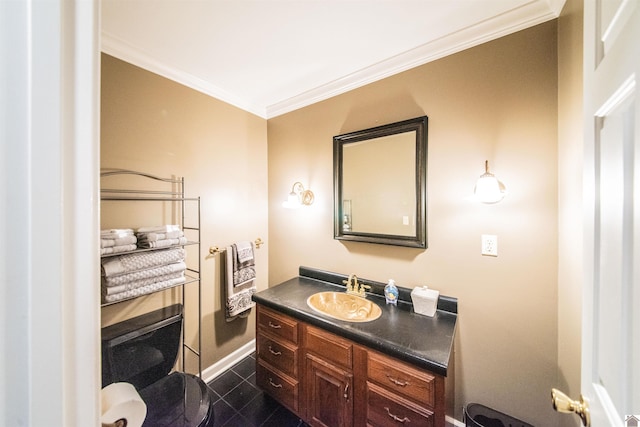 bathroom with vanity, tile patterned floors, and ornamental molding