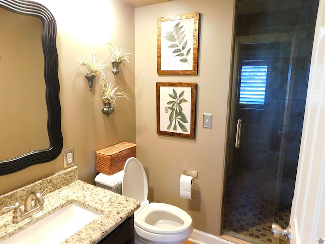 bathroom with walk in shower, vanity, and toilet