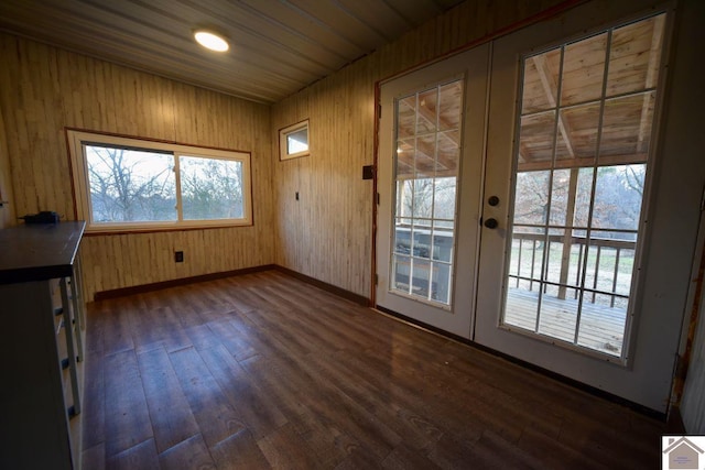 doorway to outside featuring dark hardwood / wood-style flooring, wood walls, french doors, and plenty of natural light