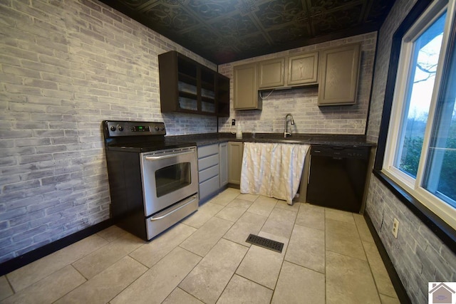 kitchen with sink, light tile patterned floors, stainless steel range with electric stovetop, and black dishwasher