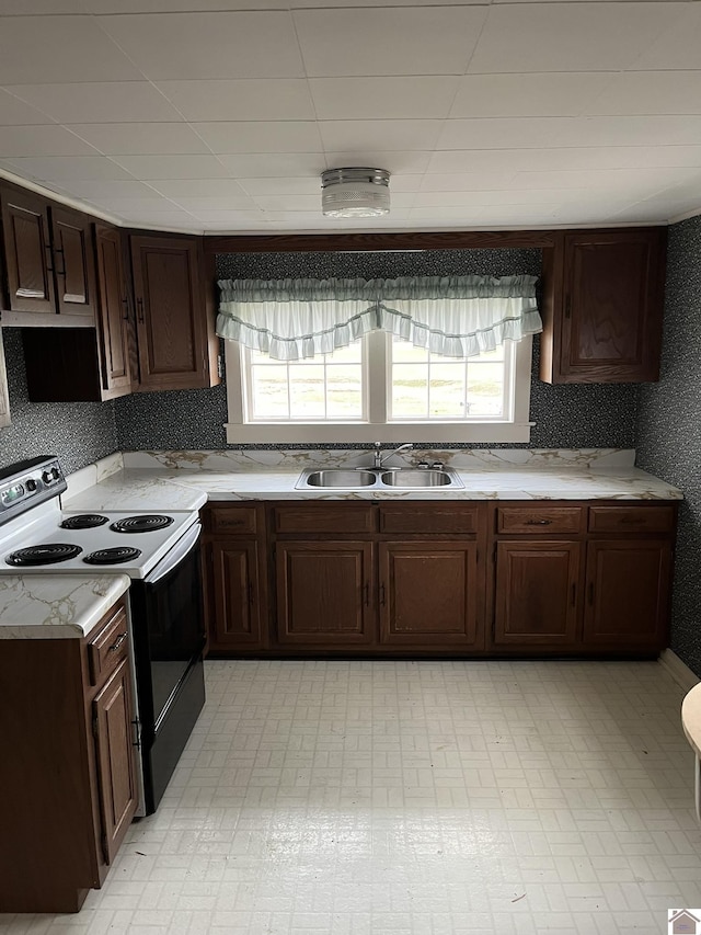 kitchen with plenty of natural light, electric stove, sink, and dark brown cabinets