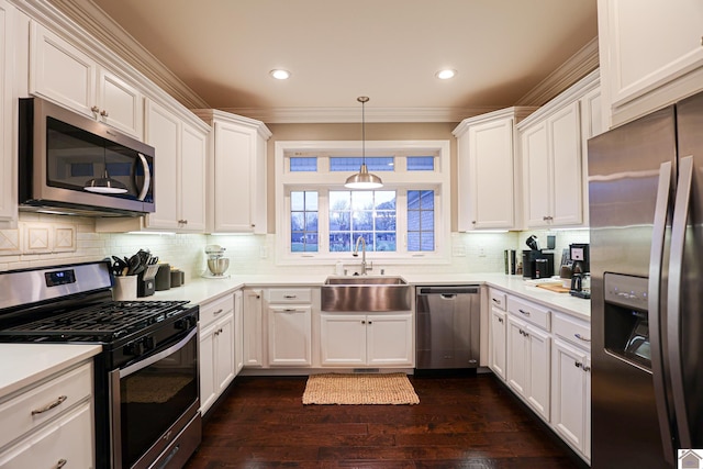 kitchen with white cabinets, dark hardwood / wood-style flooring, sink, and stainless steel appliances