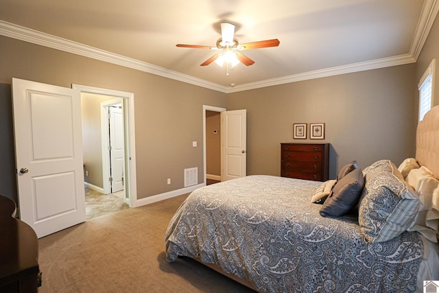 bedroom featuring ceiling fan, light colored carpet, and ornamental molding