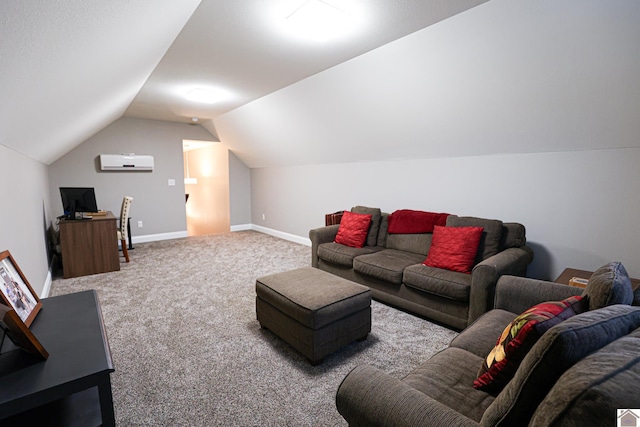 living room featuring a wall mounted air conditioner, light carpet, and lofted ceiling