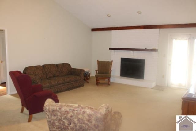 carpeted living room featuring a fireplace