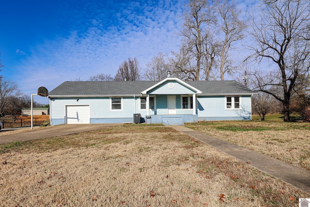 single story home with central AC, a front lawn, and a porch