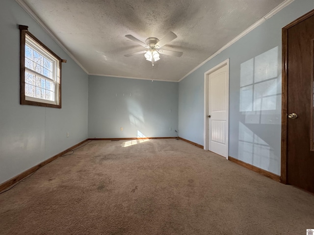 empty room with ceiling fan, crown molding, carpet floors, and a textured ceiling