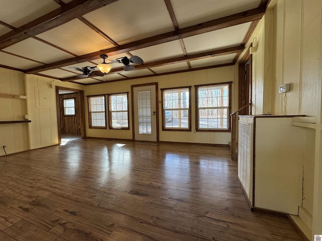 interior space featuring ceiling fan, coffered ceiling, beamed ceiling, and dark hardwood / wood-style floors