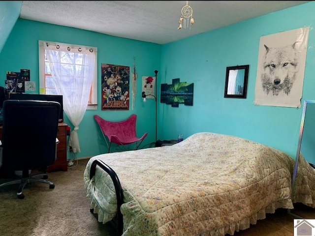 carpeted bedroom with a textured ceiling