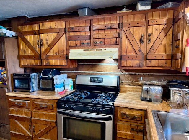 kitchen with stainless steel range with gas cooktop