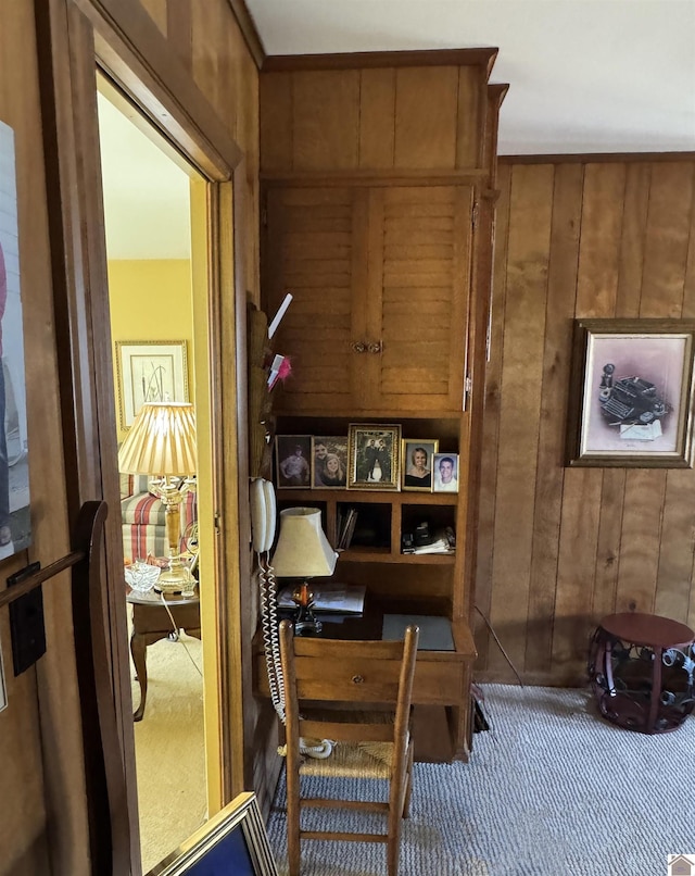 interior space featuring carpet flooring and wooden walls