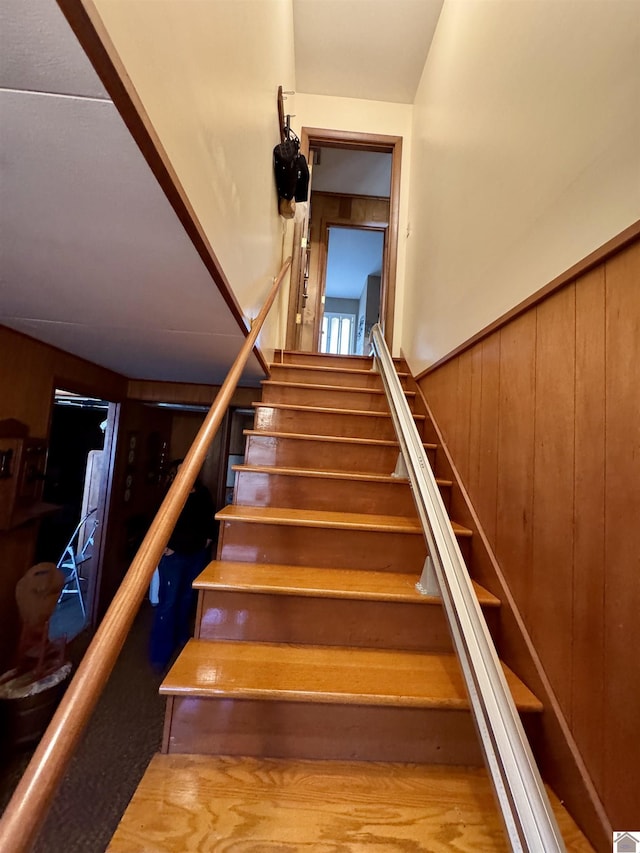 stairway with wood walls