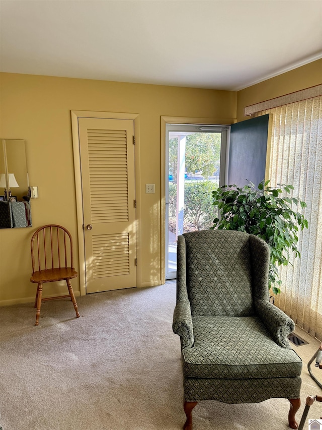 living area with carpet