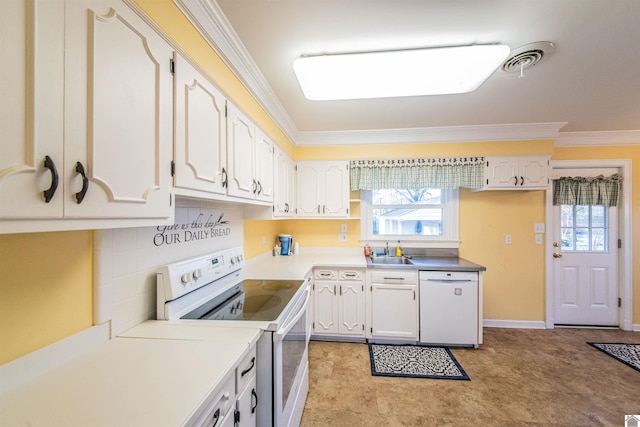 kitchen with decorative backsplash, ornamental molding, white appliances, sink, and white cabinets